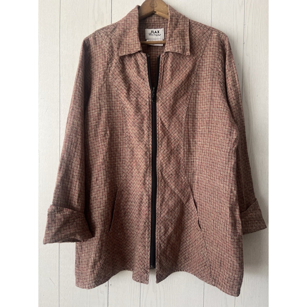 Vintage 90's FLAX Linen Jacket Women Medium Zip Front Pockets Long Sleeve